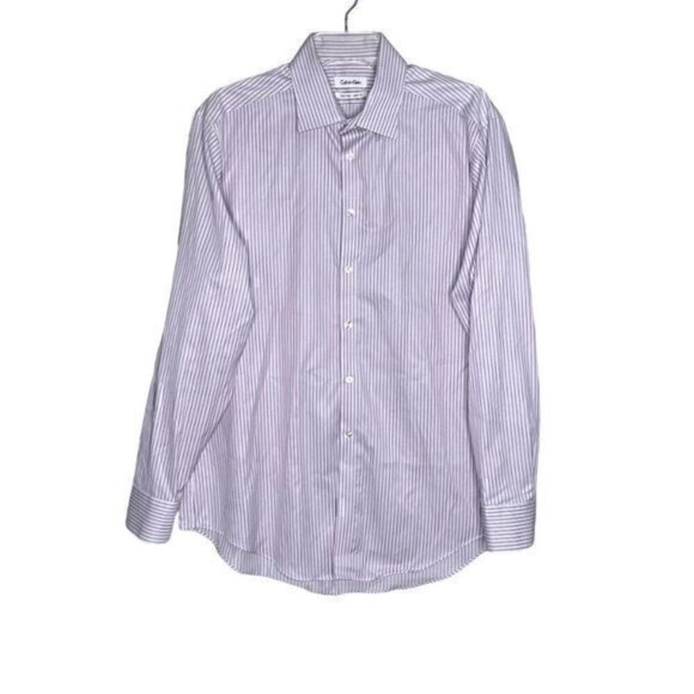 Calvin Klein Mens Pink Purple Pinstripe Long Sleeve Slim Fit Dress Shirt Size 34